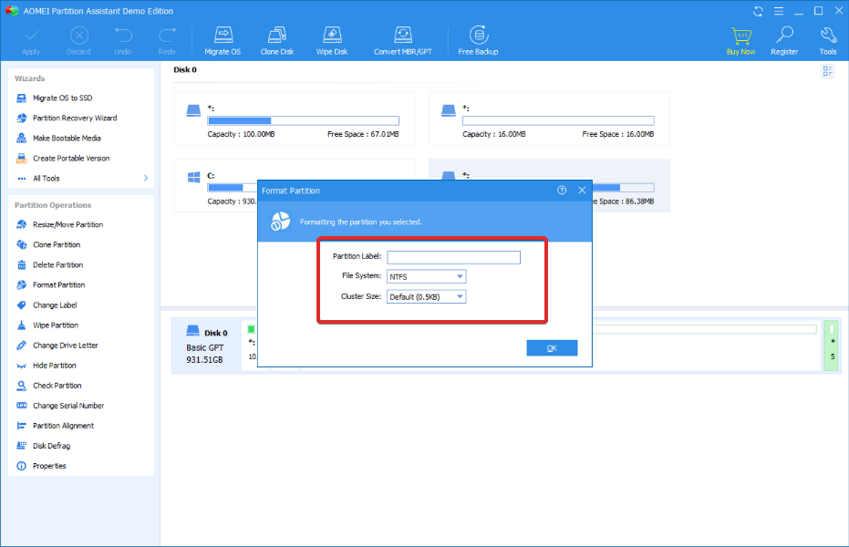 Настройки формата раздела