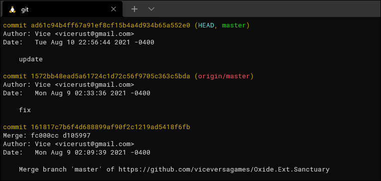 Вывод команды git log с базовой информацией о коммитах