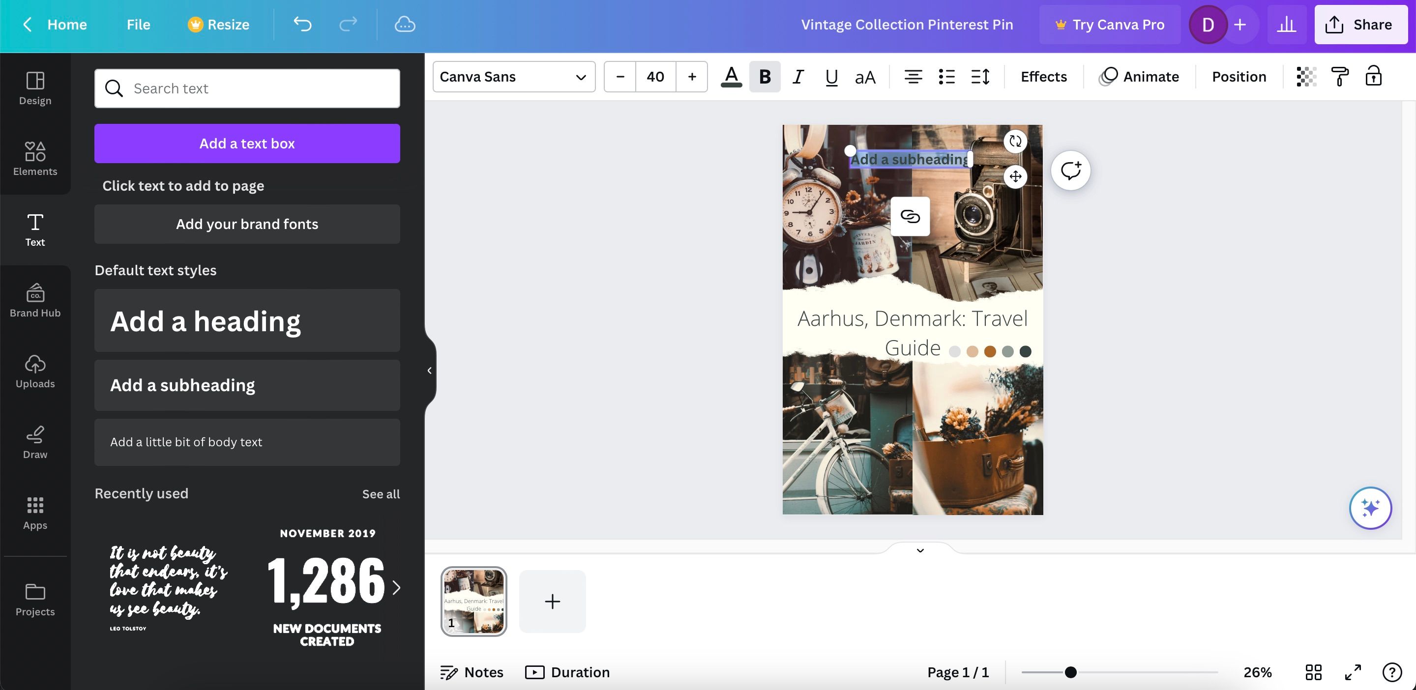 Ввод текста в текстовое поле Canva