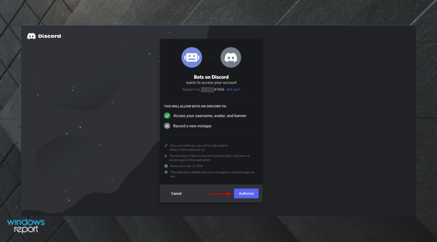 Окно авторизации Bots On Discord для доступа к аккаунту Discord