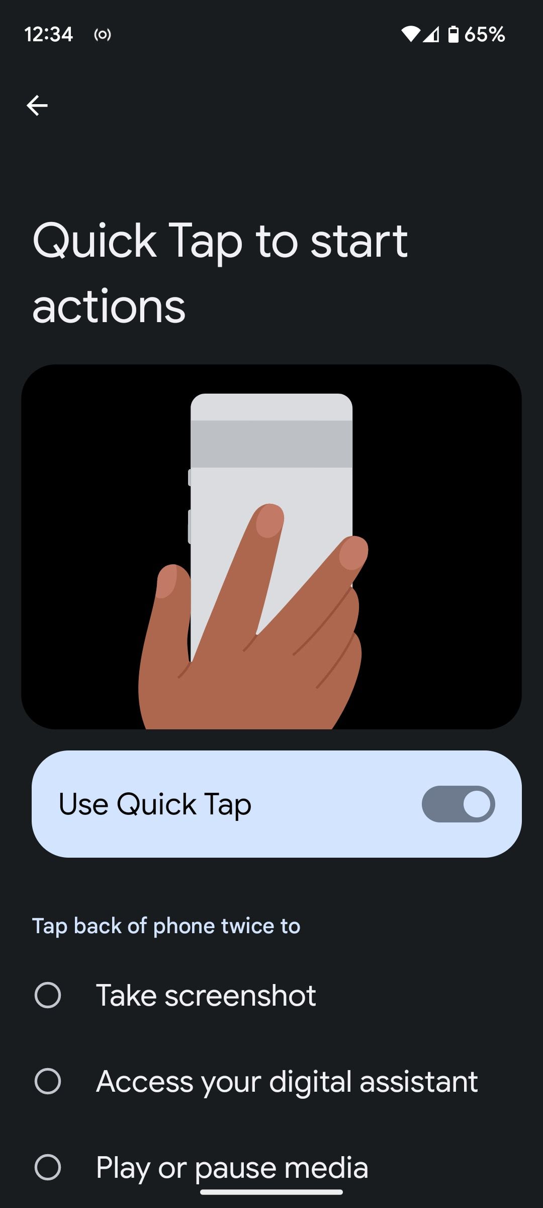 Настройки Quick Tap на Pixel с перечнем доступных действий