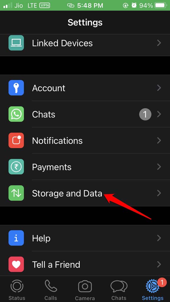 Раздел Хранилище и данные в WhatsApp
