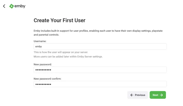 Создание пользователя администратора Emby