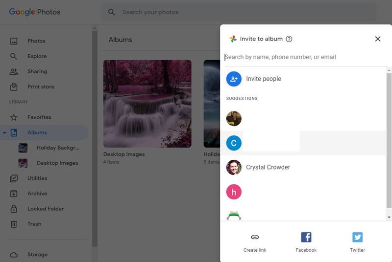 Выбор пользователя для общего доступа к альбому Google Фото