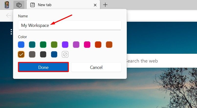 Кнопка Done в Edge.