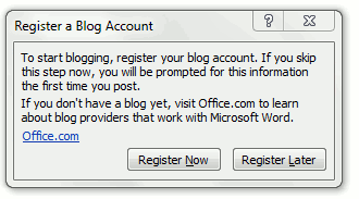 Окно настройки учётной записи блога в Word 2010