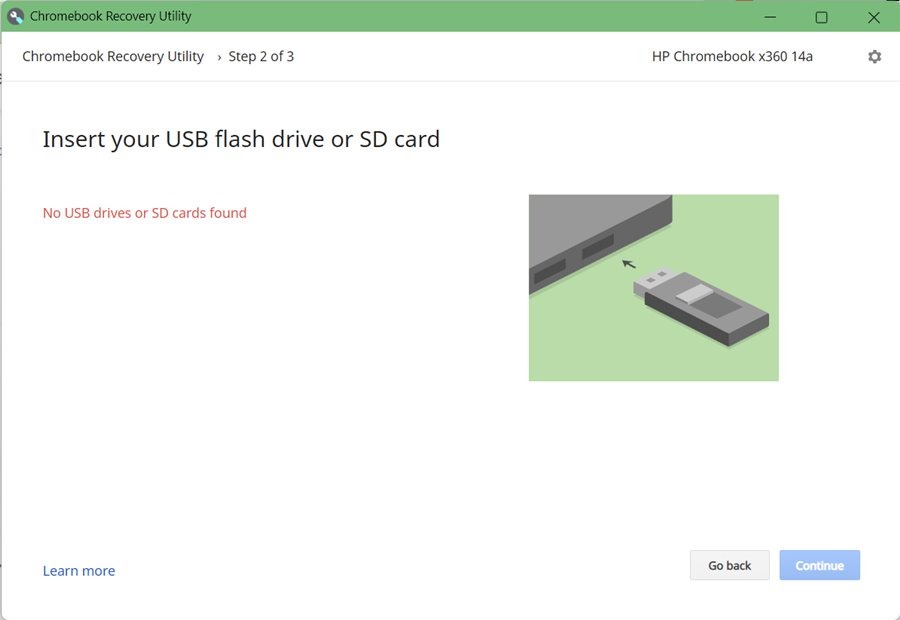 Вставка USB и выбор в утилите восстановления