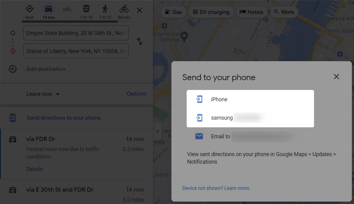 Отправить маршрут на Android или iOS