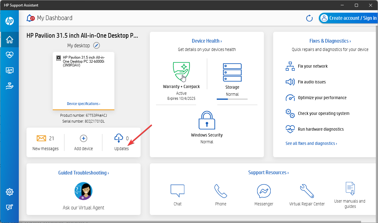 Кнопка Обновления в HP Support Assistant