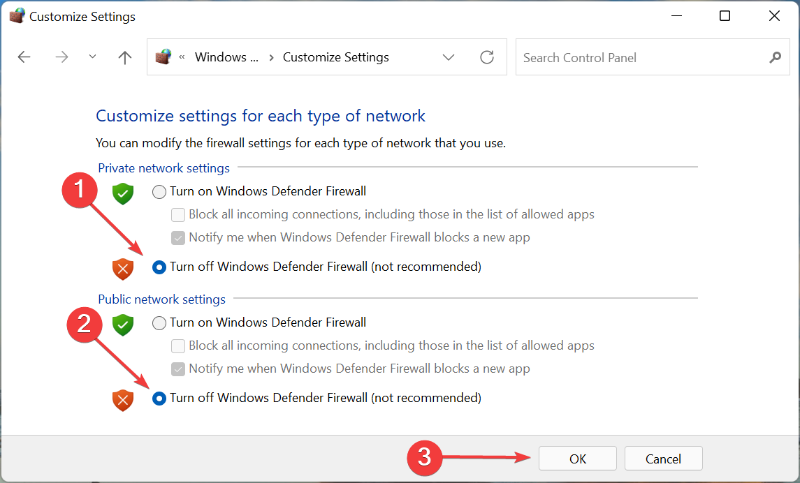 Отключение брандмауэра Защитника Windows