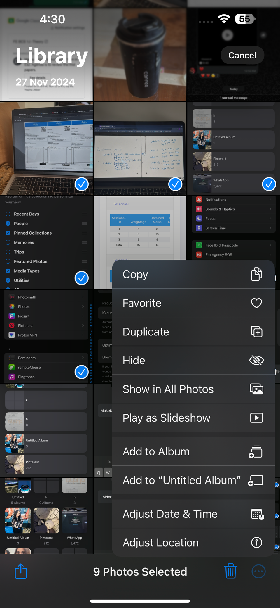 Контекстное меню с опциями в приложении «Фото» iOS