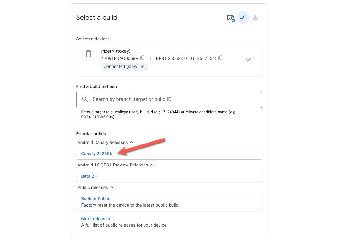 Скриншот интерфейса Android Flash Tool с выбором сборки Canary, сделан 2025‑07‑15.