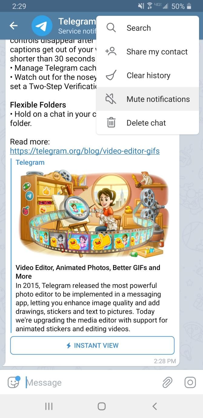 Чат Telegram с опцией заглушить