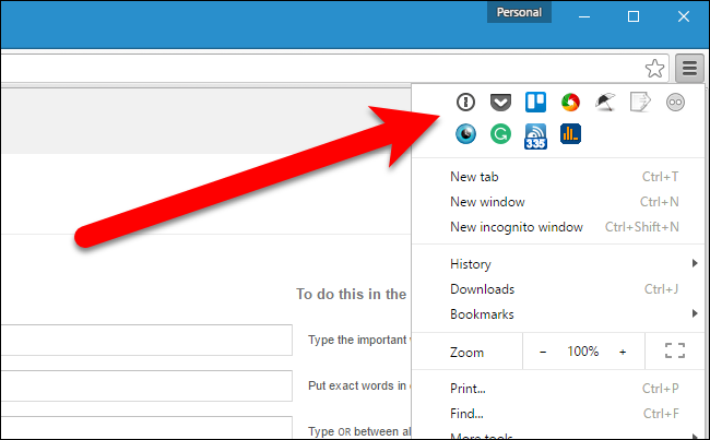 Меню Chrome с несколькими строками иконок расширений