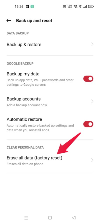 Экран: Стереть все данные (сброс)