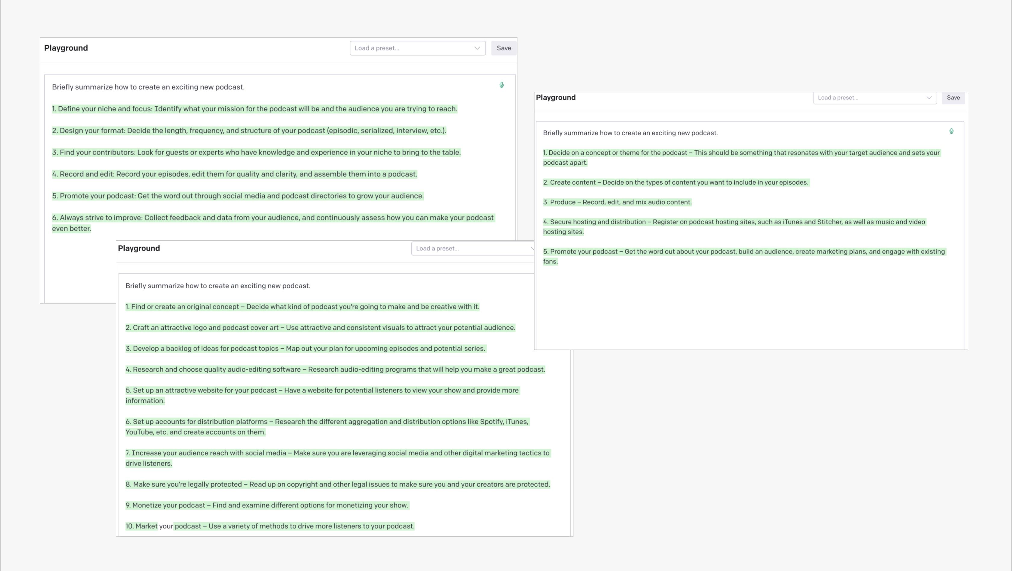 Три скриншота текстов GPT‑3 с разными ответами на одинаковый промпт