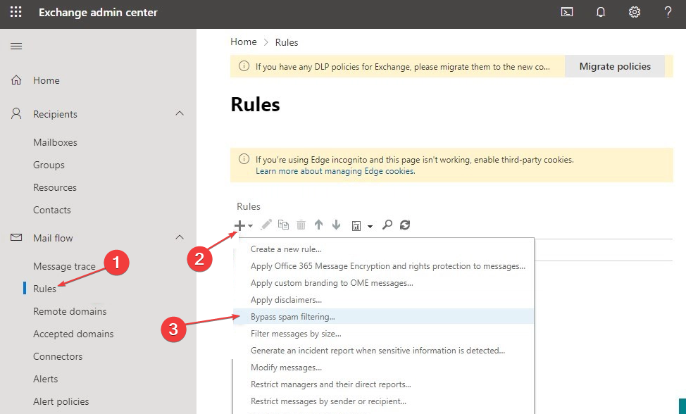 Переход в раздел Почтовый поток в Центре администрирования Exchange