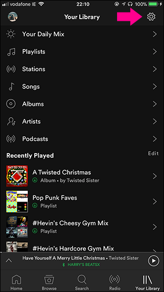 Экран настроек в Spotify