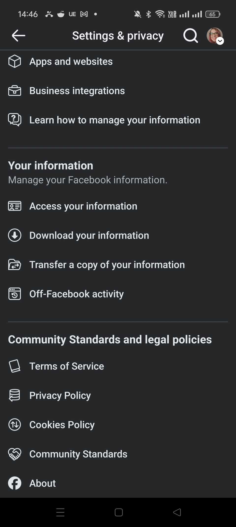 меню с изображением профиля на смартфоне