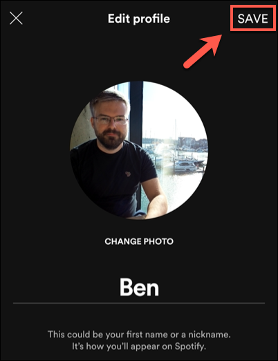 Кнопка «Сохранить» в правом верхнем углу меню редактирования профиля Spotify