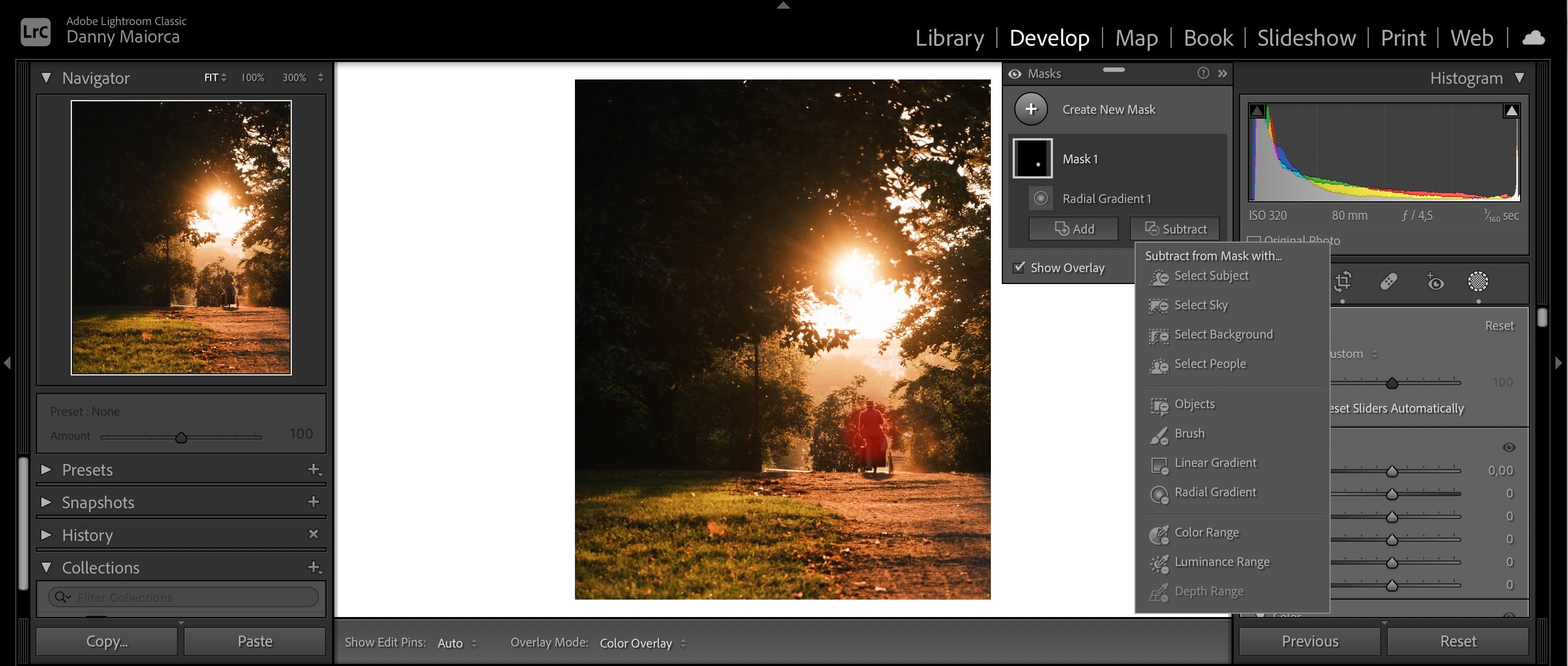 Выберите кисть для тонкой доработки радиального градиента в Lightroom