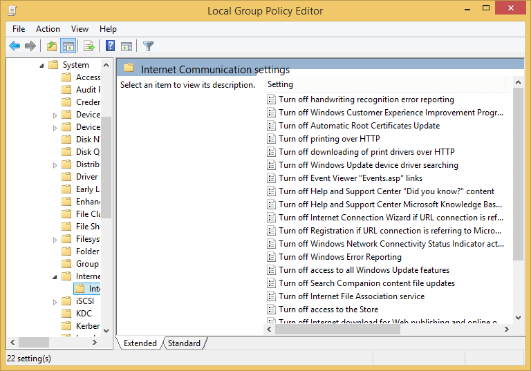 Навигация в групповой политике к параметрам Internet Communication settings
