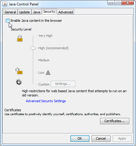 Панель управления Java — вкладка Безопасность