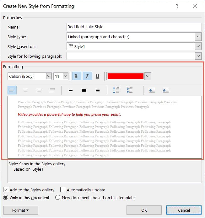 Параметры форматирования нового стиля в Word