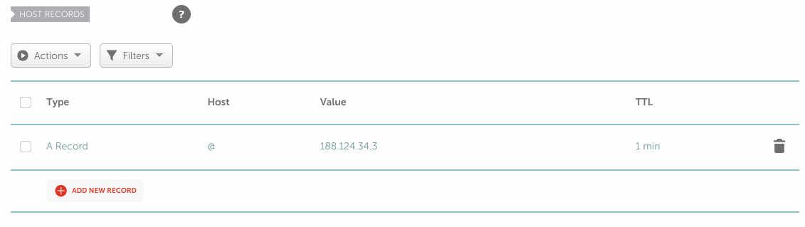 Фрагмент экрана DNS у регистратора с полями host, value и TTL