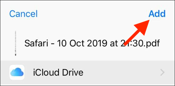 Нажмите Добавить, чтобы сохранить файл в iCloud