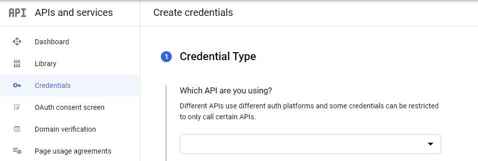 Раздел учетных данных Google API