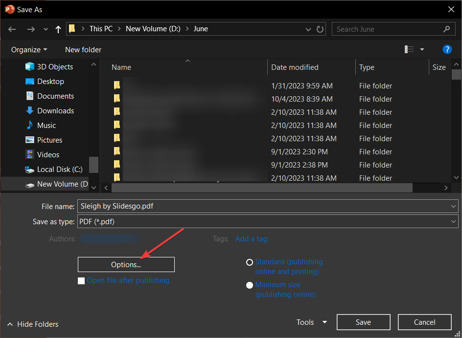 Окно параметров при сохранении PDF