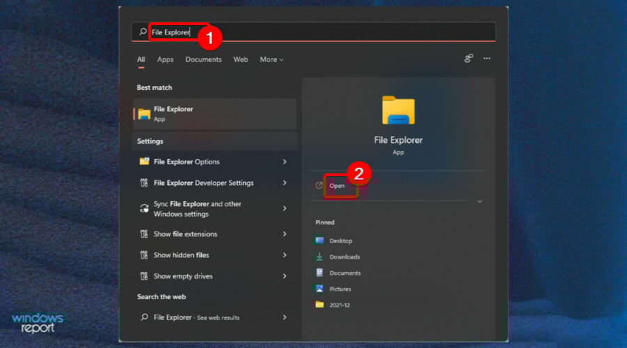 Поиск 'File Explorer' в меню Пуск Windows