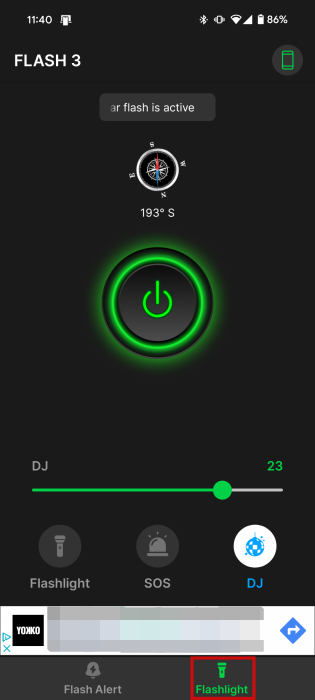 Раздел фонарика, SOS и цветного мигания в Flash Alert & LED Flashlight