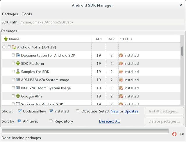Окно менеджера AVD в SDK