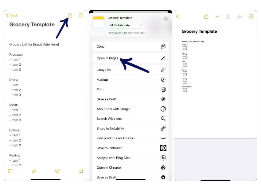 Экспорт заметки из Notes в Pages
