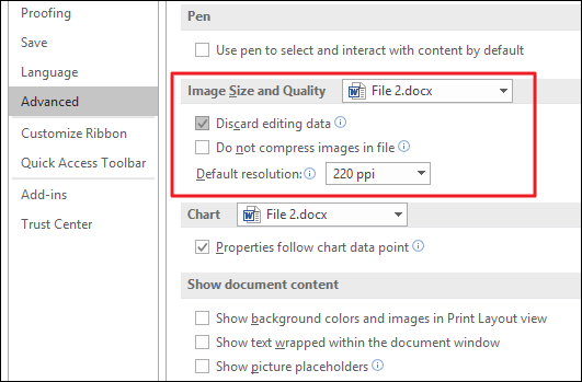 Раздел Размер и качество изображения