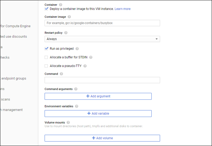 Настройки контейнера: команда запуска, переменные и тома