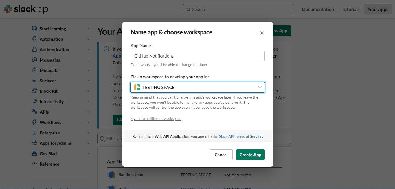 Назначение имени приложению Slack и выбор workspace