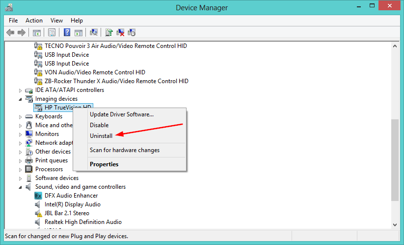 Список 'Изображения' в Диспетчере устройств — удаление драйвера