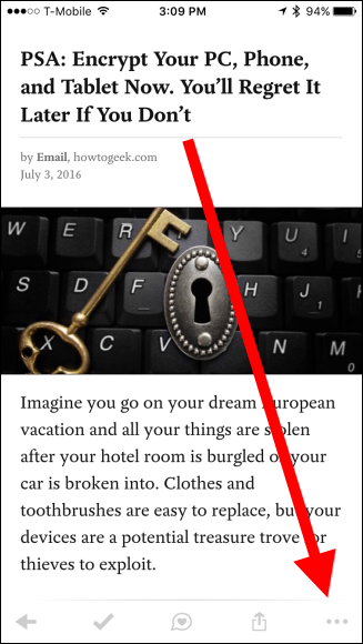 Меню статьи в мобильном приложении с опциями: настройки, теги, чтение вслух