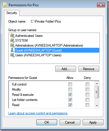 Пример: отметка Запретить для полного доступа