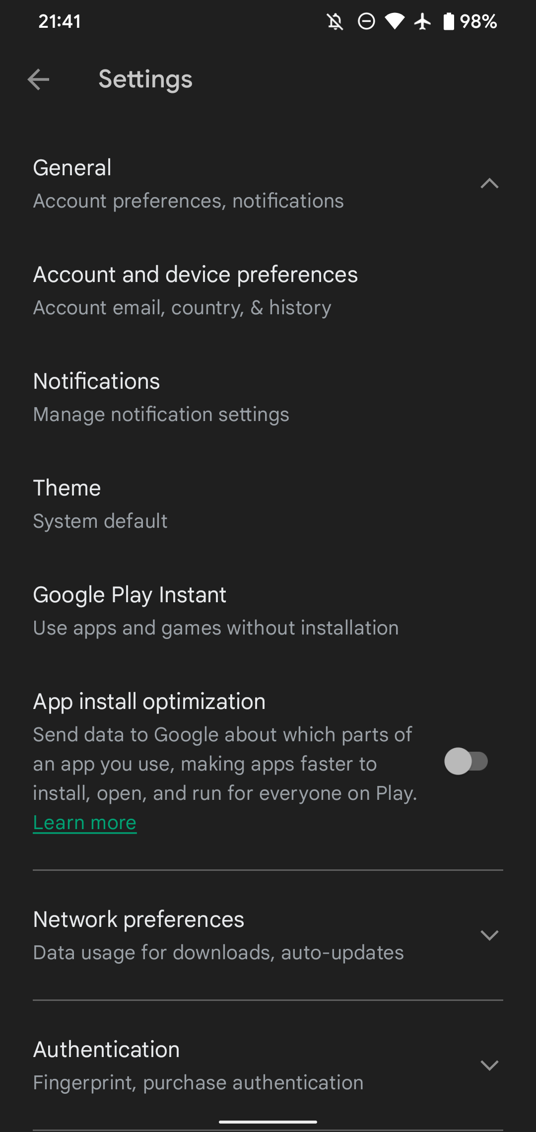 Сводные настройки Google Play, скриншот