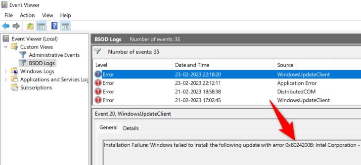 Просмотр подробностей ошибки в Просмотре событий
