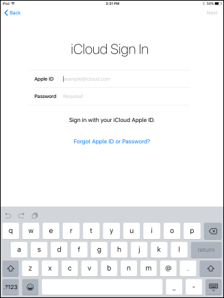Скриншот экрана входа в iCloud на iPhone