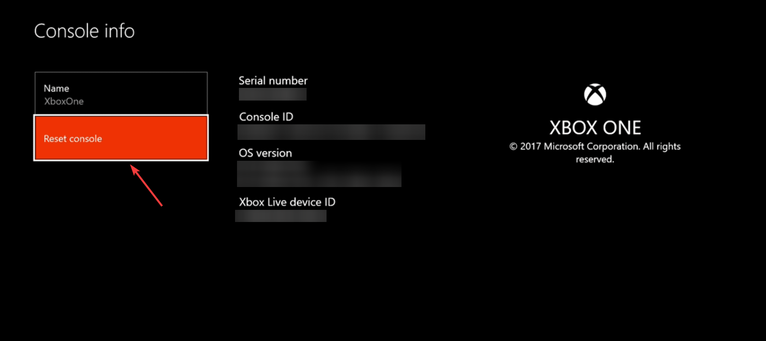 Опция Reset Console в настройках Xbox One