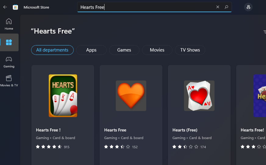 Поиск Hearts Free в Microsoft Store