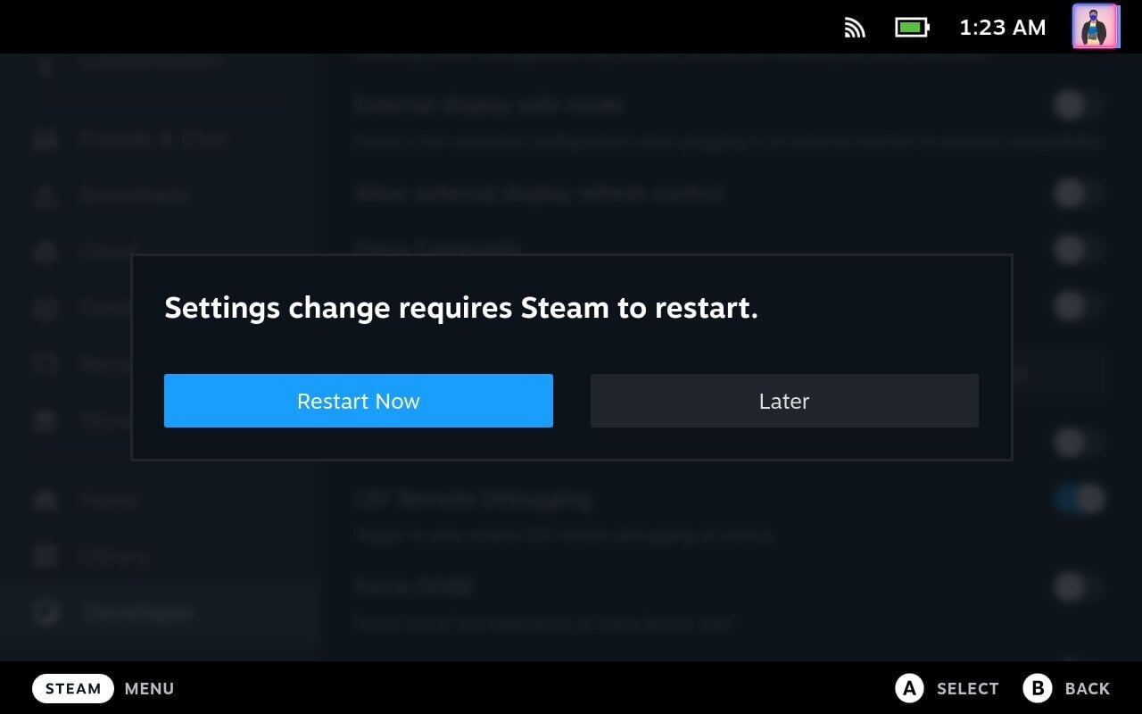 Подтверждение перезагрузки Steam Deck