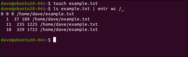 Команда ls example.txt | entr wc /_ в окне терминала