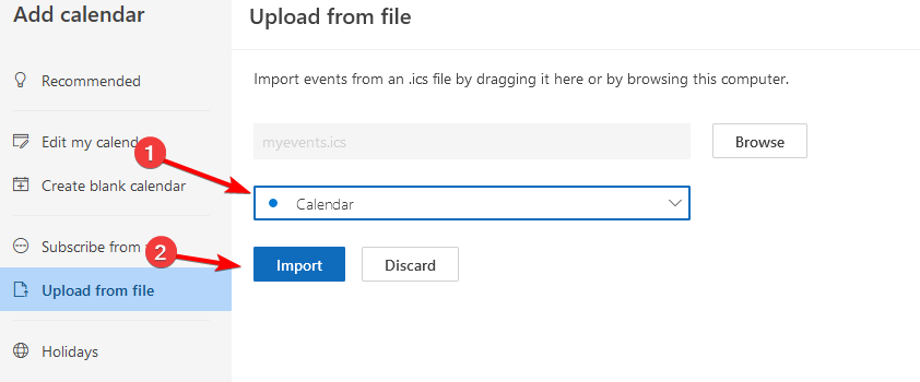 Окно импорта файла в Outlook web — выбор календаря и кнопка Import